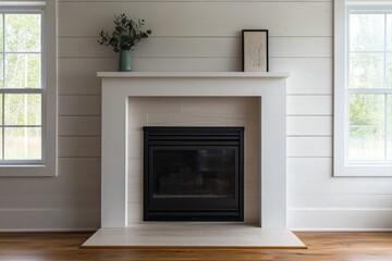 A warm and inviting living room with a crackling fireplace and two windows