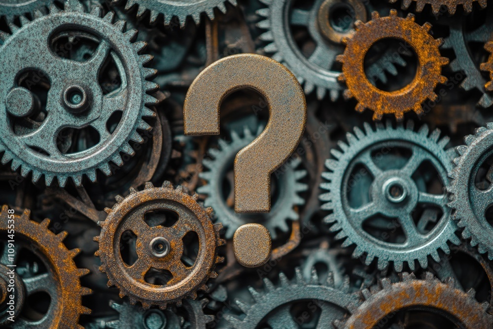 Poster A collection of gears stacked together with a question mark in the center, great for use in illustrations about uncertainty or decision-making