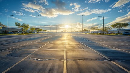 An empty parking lot early in the morning, with the sun rising and casting long shadows across the spaces