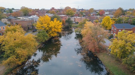 Obraz premium Aerial view of a canal amidst colorful autumn foliage in a residential area.