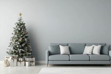 Obraz premium Christmas decor interior room ideas. Cozy living room with a Christmas tree and gifts beneath it.