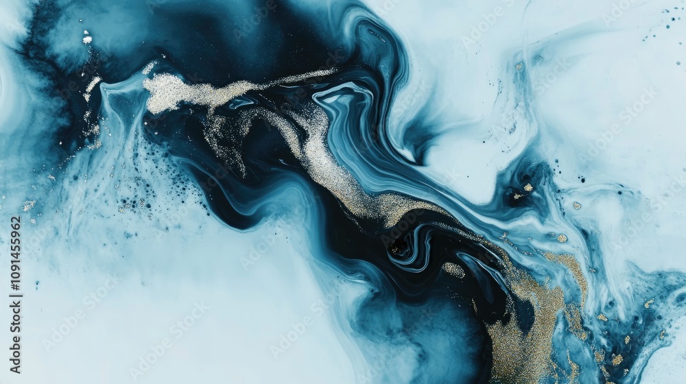 Poster acrylic fluid art showcasing fluid gold waves flowing across a serene blue watercolor background, re