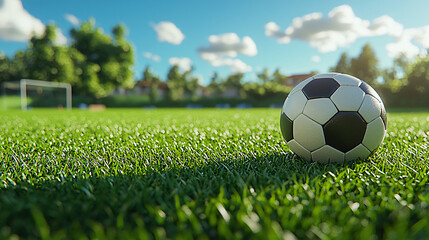 Fototapeta premium soccer ball rests on vibrant grassy field under clear sky