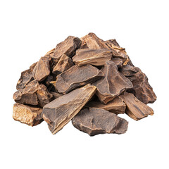Natural wood chips pieces in various shapes and sizes on transparent background