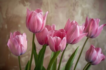 Obraz premium A bouquet of pink tulips arranged in a decorative vase for a beautiful centerpiece or gift