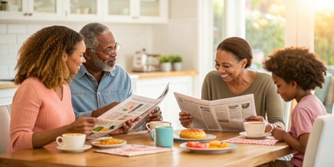 Diverse family gathers happily for breakfast in the kitchen, sharing stories and reading newspapers, creating a strong sense of togetherness and connection in the morning sunlight - Powered by Adobe