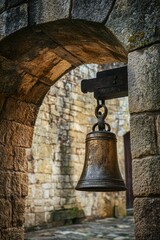 Obraz premium A bell hangs from the side of a stone building, ready to be rung