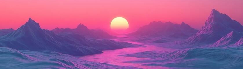 Fototapeta premium A stunning sunset over serene mountains and a flowing river, bathed in warm, pink hues for a tranquil atmosphere.