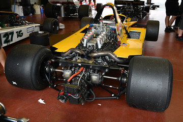 Fototapeta premium Scarperia, Italy - October 12th 2024: Detail of Merzario F1A3 of year 1979 in the box during practice session at Mugello Circuit.