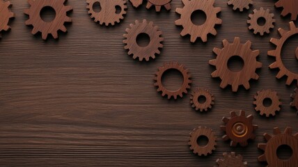 woodwork with tools and dutability. A collection of brown gears arranged on a wooden surface, showcasing a mechanical theme with a rustic aesthetic.