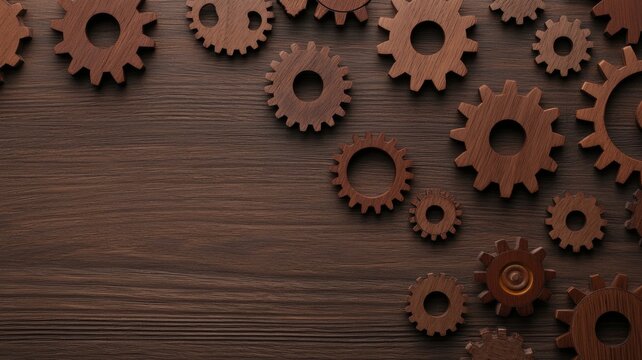 woodwork with tools and dutability. A collection of brown gears arranged on a wooden surface, showcasing a mechanical theme with a rustic aesthetic.