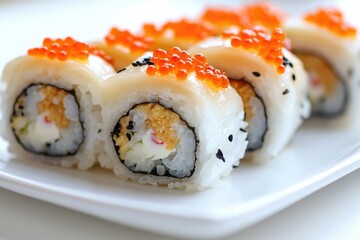 A plate of sushi topped with red caviar, perfect for food or luxury photography