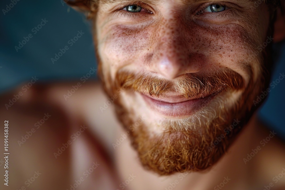 Poster a detailed view of a man's face with a beard, suitable for editorial or commercial use