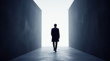 Obraz premium A solitary figure walking towards a bright light, symbolizing hope, decision-making, and personal growth in a minimalistic space.