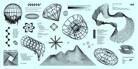 Retrowave 3D wireframe shapes in bitmap style. Retrofuturistic elements, wireframe 8bit, 3D geometric shapes. Pixel collage, digital arts with y2k elements, futuristic box. Vector graphic collection
