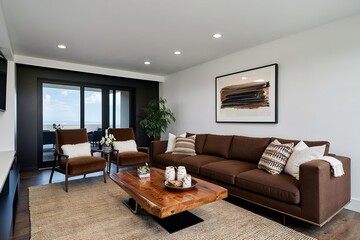 Fototapeta premium Contemporary Living Room Featuring Brown Sofa and Elegant White Wall Design
