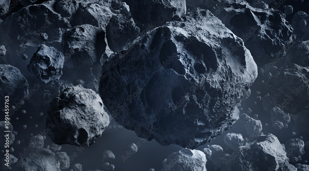 Sticker asteroids in space, 3d animation