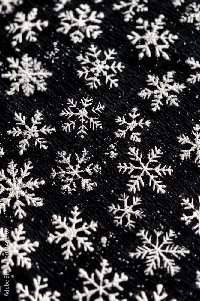 Poster close-up shot of intricate black and white snowflake design