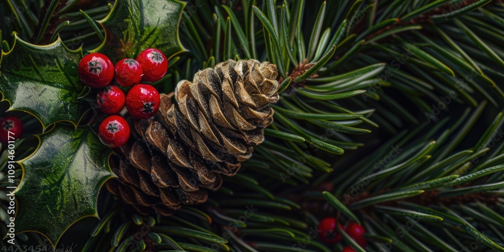 Poster a pine cone with bright red berries sits atop a pine tree branch