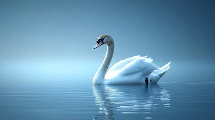 Obraz premium A serene swan glides gracefully across a misty lake at dawn.