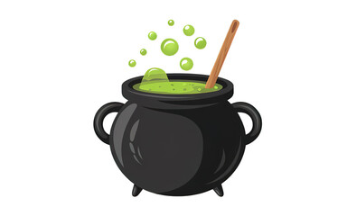 Black Cauldron with Bubbling Green Liquid and Wooden Stick