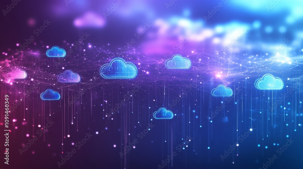 Poster a digital representation of the cloud, with blue cloud icons floating against a background of blue a