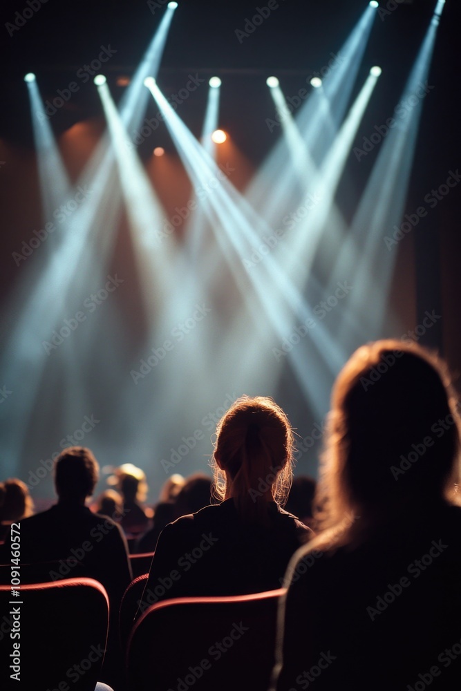 Aufkleber a group of people seated and waiting in front of a stage, ready for a performance to begin