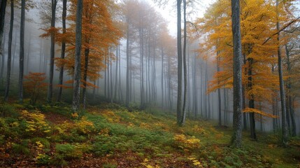Obraz premium Autumnal Forest Scene In Misty Morning Light