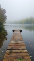 Wooden pier extending into a misty lake. Calm, tranquil scene in nature.