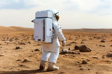 Astronauts working on Mars with futuristic exploration tools