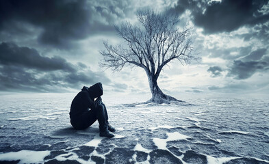 Seasonal depression concept of a lone man sitting in a cold winter landscape with one barren tree and dark cloudy sky 