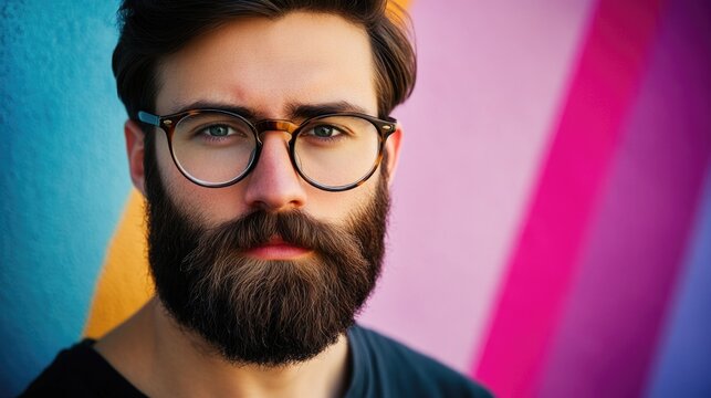 A person wearing glasses and a beard stands against a vibrant background