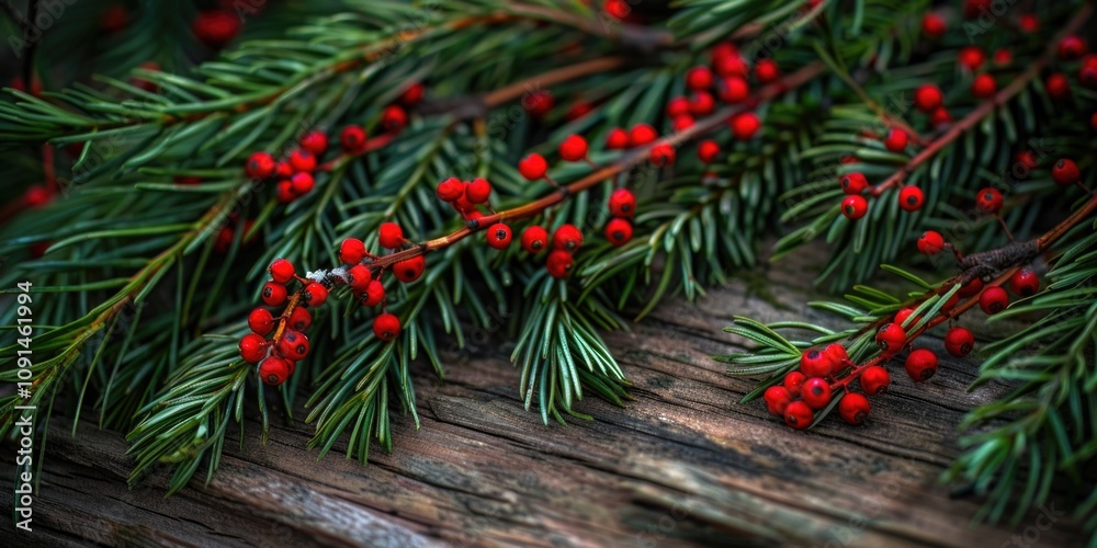 Poster close-up of a tree branch featuring bright red berries