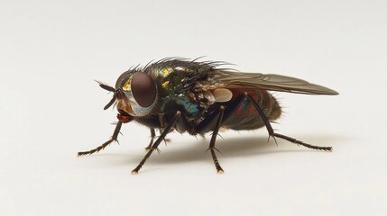 A detailed view of a fly resting on a white surface