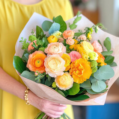 vibrant bouquet of yellow and orange flowers, featuring ranunculus, roses, and greenery, beautifully arranged for cheerful display. Perfect for celebrations!