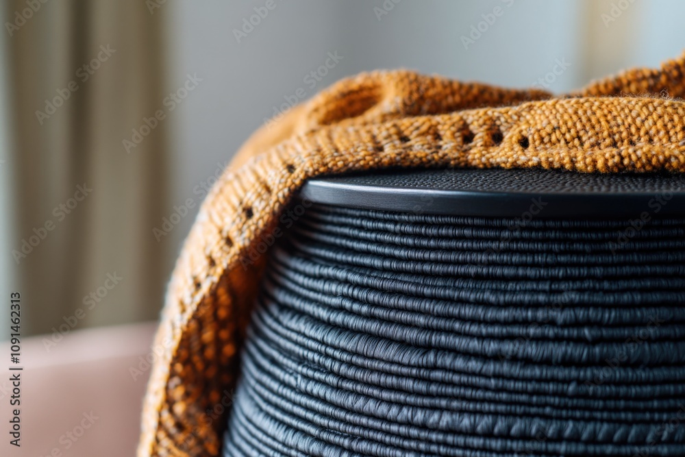 Poster A close-up shot of a black object on a table, great for use in product photography or as a decorative element