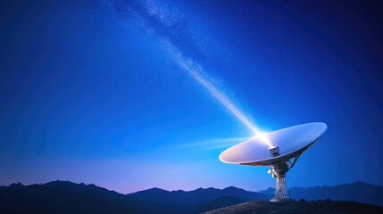 Satellite dish sending beams into the star-filled sky
