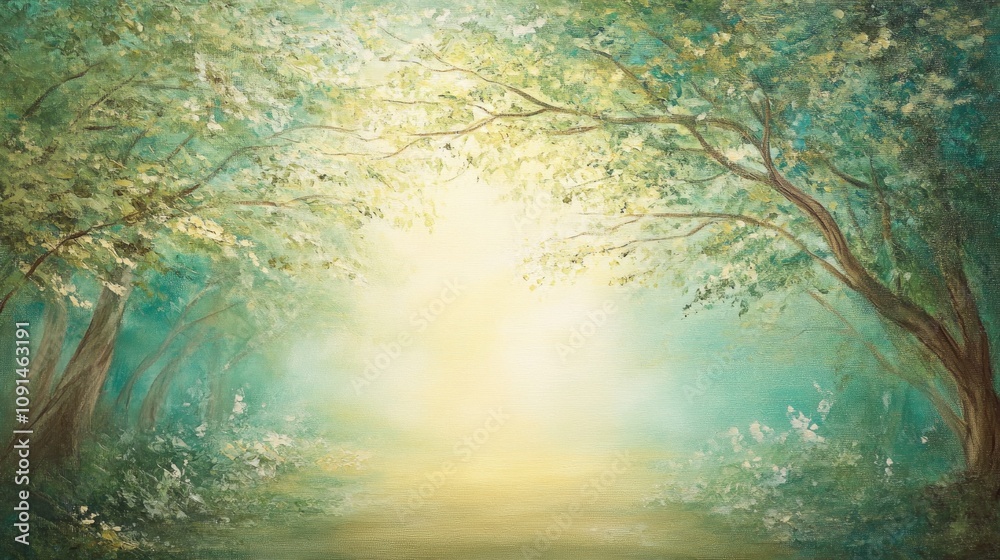 Poster luminous forest canopy bathed in soft light with vibrant green leaves creating a serene atmosphere o