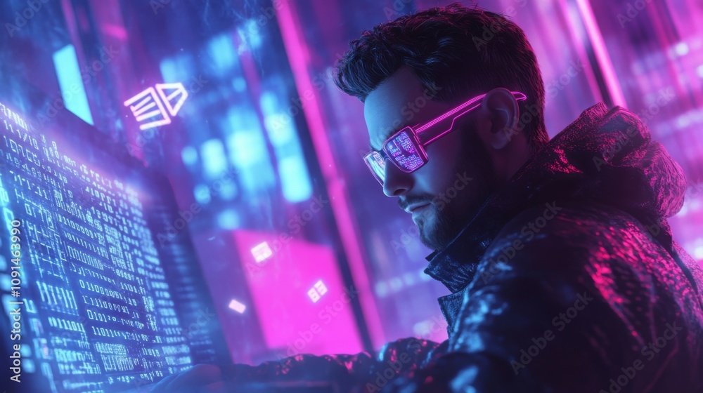Poster A young man with stylish glasses is intensely focused on coding at his computer in a brightly colored, neon-lit setting. The background features vibrant lights and digital data streams.