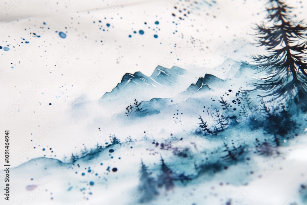 Poster mountainous terrain with dense tree coverage, ideal for outdoor recreation or nature-inspired design