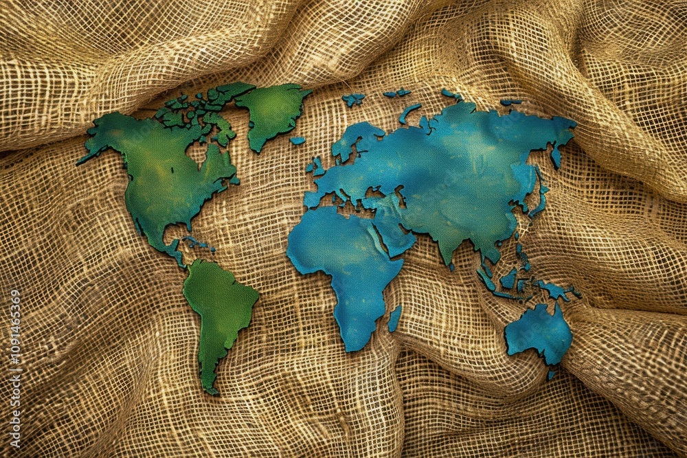 Poster a vintage-style map of the world printed on a rustic burlap fabric, ideal for decorating and home de