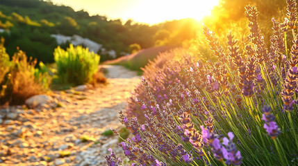 Obraz premium A Path Through a Field of Lavender Flowers in the Golden Light of Sunset