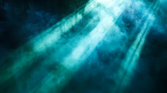 A captivating glow of blue light cascading from a green spotlight backdrop in a darkened space. Cascading Light Rays. Illustration