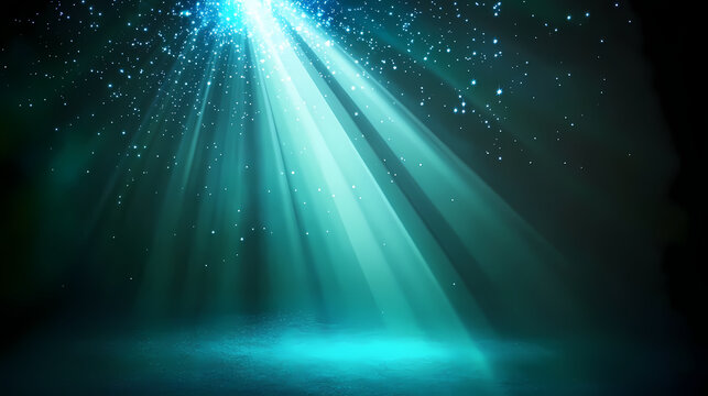 A captivating glow of blue light cascading from a green spotlight backdrop in a darkened space. Cascading Light Rays. Illustration