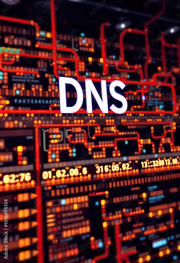 Poster dns server data connections glowing orange futuristic technology network hosting concept digital inn