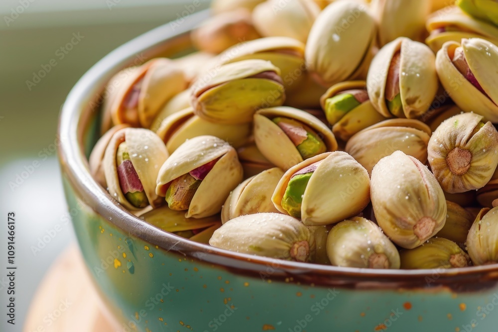 Poster a bowl of pistachios placed on a wooden table with a rustic background