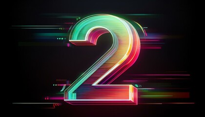 Neon Number Two: A vibrant, 3D-rendered number two glows with iridescent neon colors against a dark background, creating a futuristic and dynamic visual. Perfect for projects that need a bold.