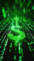 Fototapeta premium Abstract digital dollar sign graphic with green light effects on a dark background of binary code.