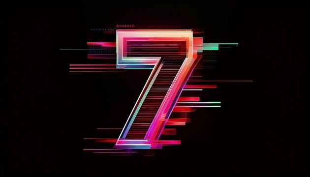 Number Seven in Motion: A vibrant, dynamic, and futuristic number seven design, rendered in a spectrum of bold, neon colors with a captivating motion blur effect against a stark black background.