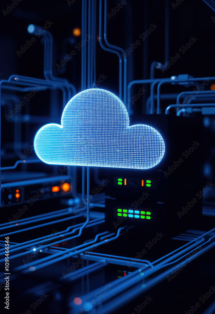 Poster futuristic cloud technology digital storage glowing blue data management internet networking concept